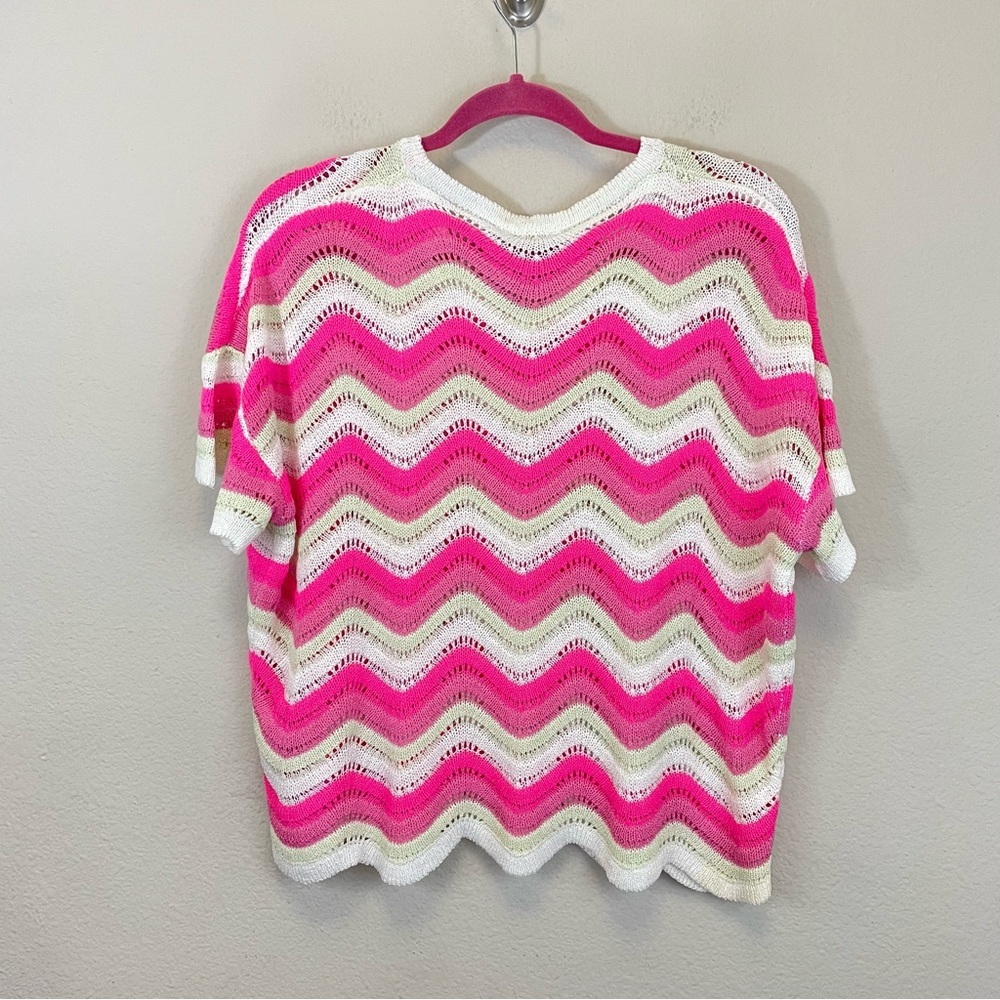 BiBi Pink Pointelle Slouchy Beachy Short Sleeve Knit Top Size Small - Picture 5 of 7